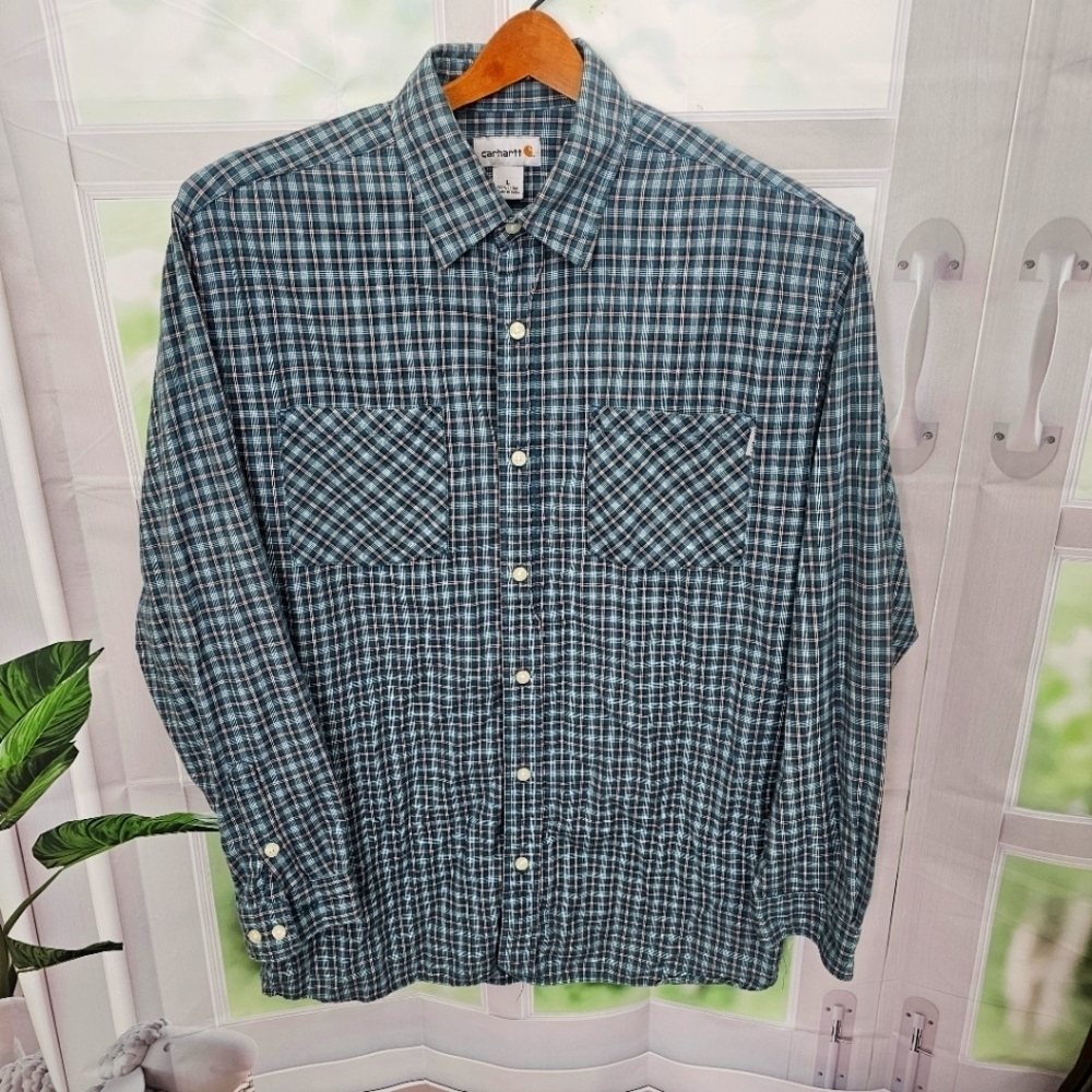 Carhartt Button Shirt Men L Plaid Multi Color Long Sleeve Shirt W/ Double Pocket